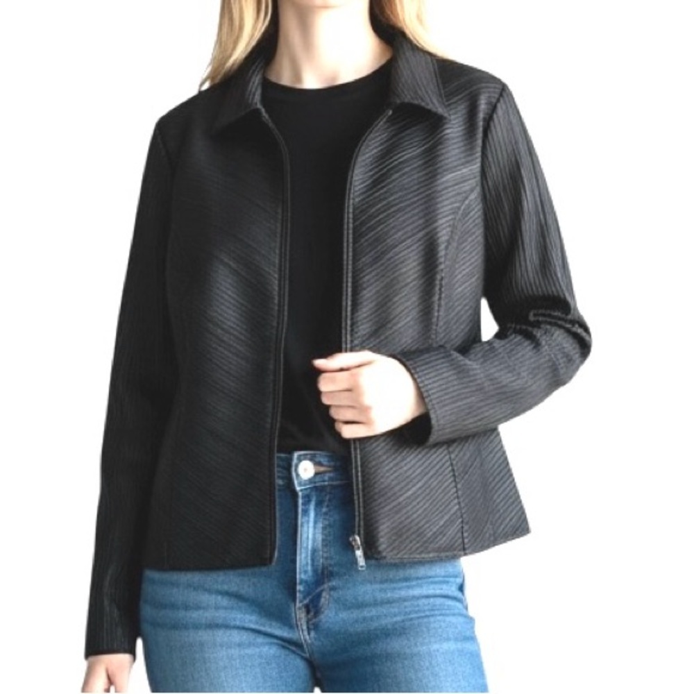 Brandon Thomas Stitched Leather Jacket Black Mini Shutter pleat Retro 14-16 NWOT